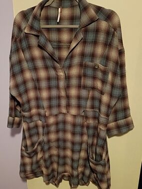 free people Plaid Collared Romper with Pockets Long Sleeve Size S